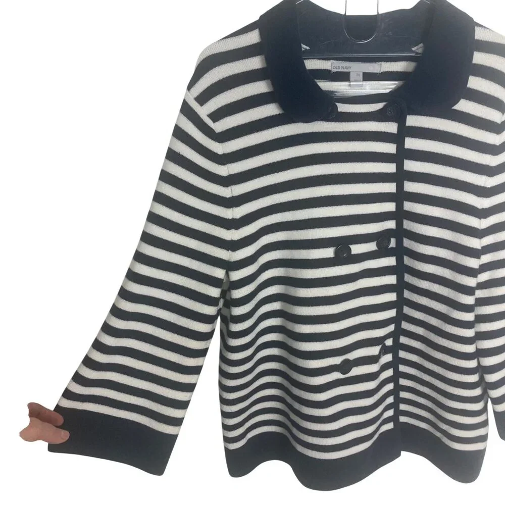 Old Navy Striped Sweater Jacket Womens XXL Blue White Cotton Nautical Preppy